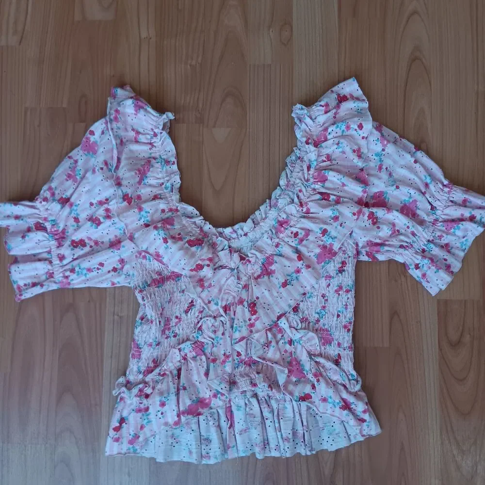 Free People Favorite Girl Crop Top Puff Sleeve Floral Cottagecore Coquette
